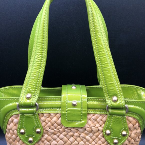 Michael Kors Straw and Green Leather Tote Bag w/Gold Color Hardware Excellent - Picture 6 of 15